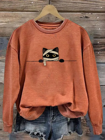 Women's Funny Mummy Cat Pattern Casual Halloween Sweatshirt