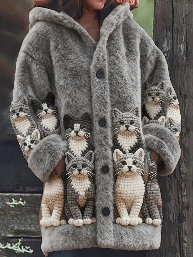 Women's Animal  Fun Cat Print Flannel Warm Jacket