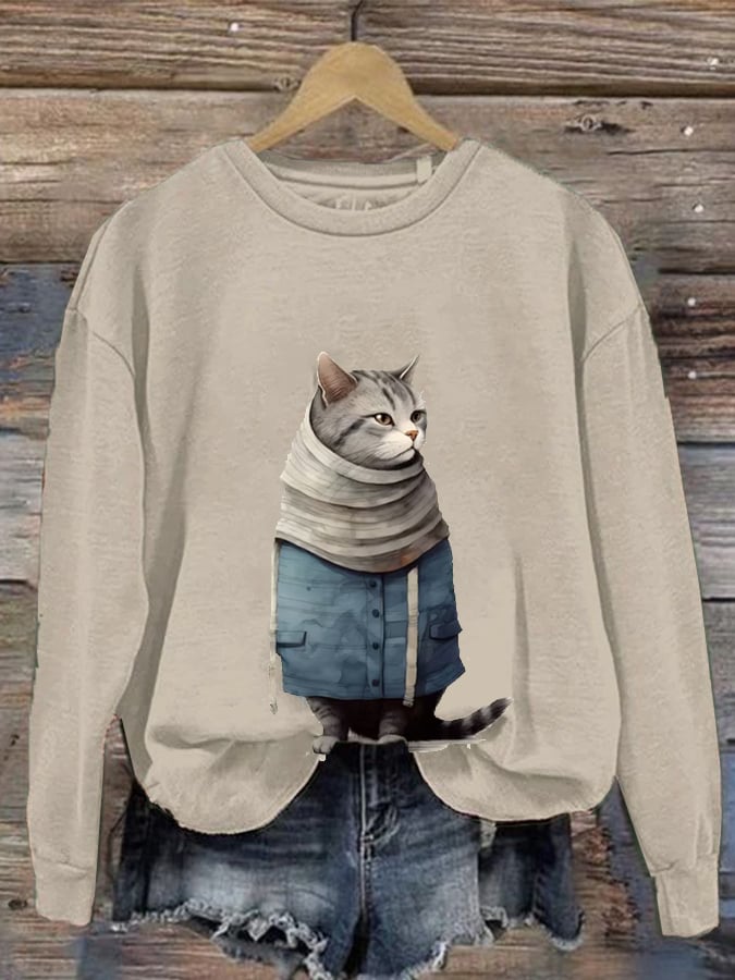 Women'S Winter Art Cat Print Crew Neck Casual Sweatshirt