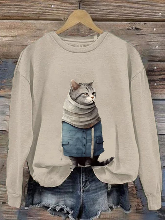 Women'S Winter Art Cat Print Crew Neck Casual Sweatshirt