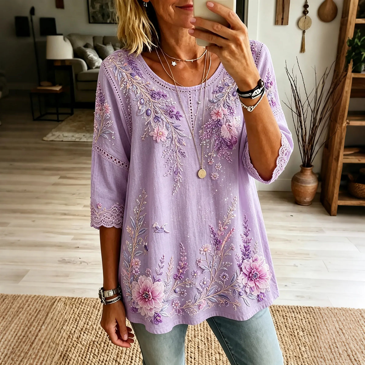 Women's Retro Floral Embroidered Gradient Art Casual T-shirt