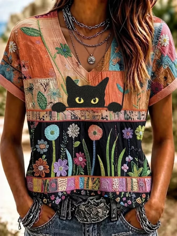 Women'S Animal Cat Floral Print T-Shirt