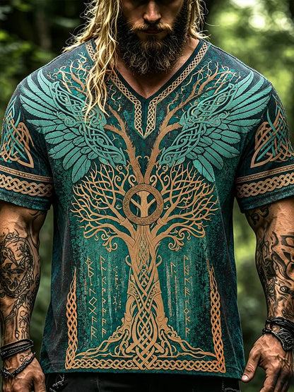 Men's 3d Embroidery Tree Of Life Viking Short Sleeve T-shirt, Vintage Celtic Knot Wing Rune Print V Neck Loose Casual Shirt, Norse Mythology Boho Summer Tee