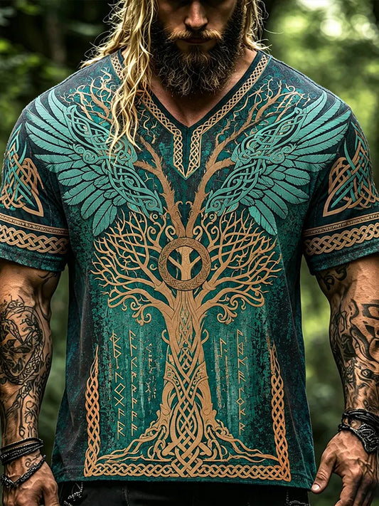 Men's 3d Embroidery Tree Of Life Viking Short Sleeve T-shirt, Vintage Celtic Knot Wing Rune Print V Neck Loose Casual Shirt, Norse Mythology Boho Summer Tee