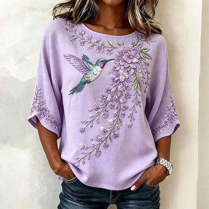 Women's Retro Purple Floral And Bird Pattern Casual Top
