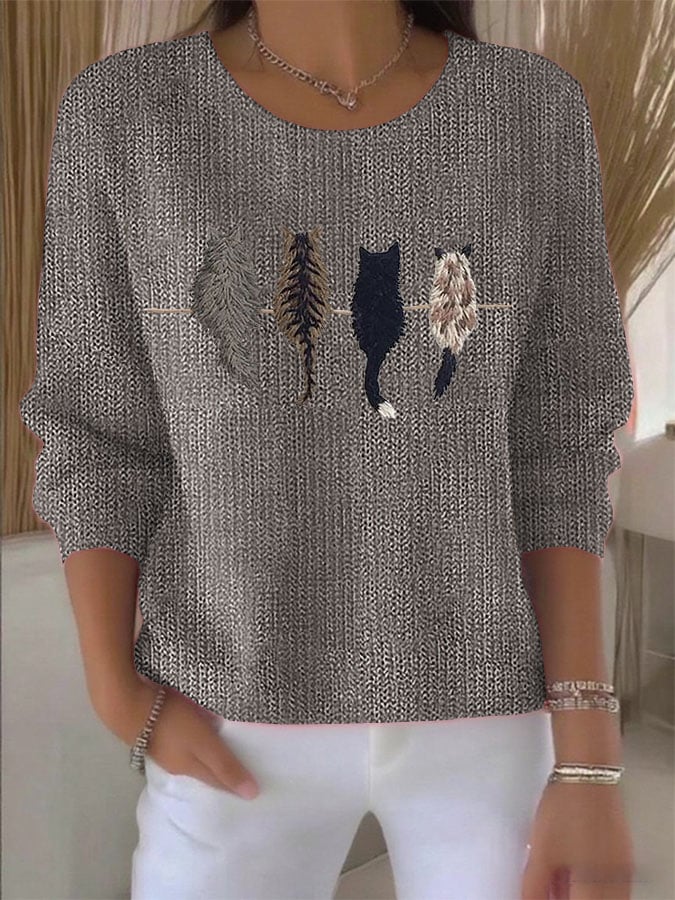 Women's Retro Animal Cat Print Knitted Sweater