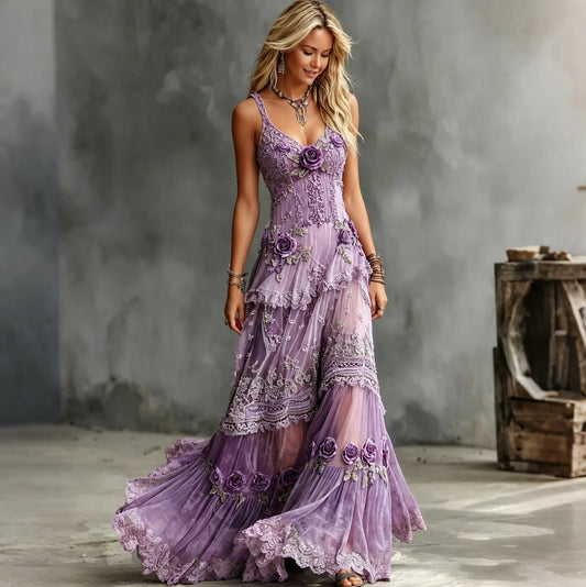 Women's Vintage Rose Embroidered Art V-neck Cami Maxi Dress