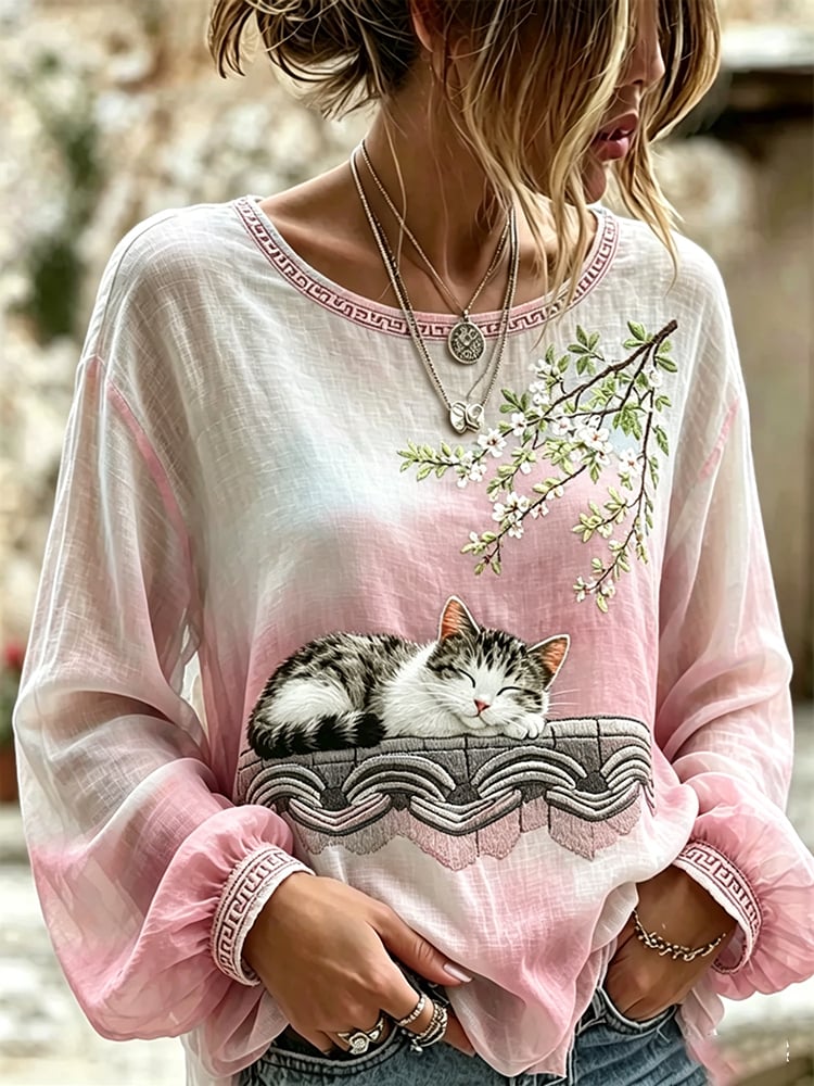 Women's Pink Gradient Print Cotton-Linen Shirt