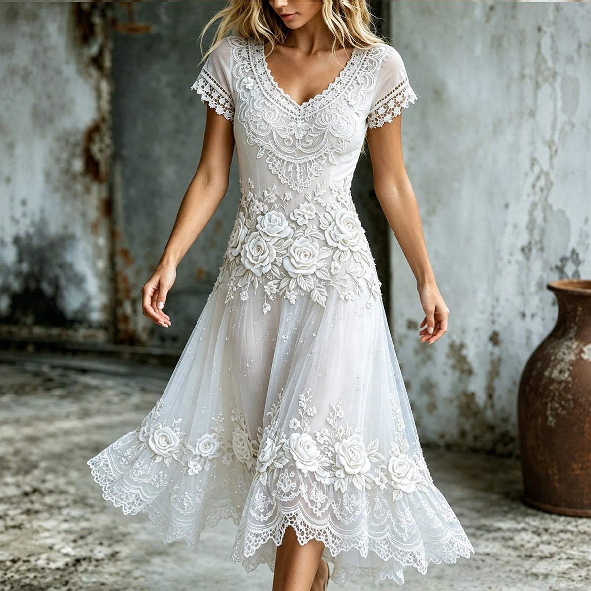 Women's Retro Purple Rose Embroidery Art V Neck Short Sleeve Midi Dress