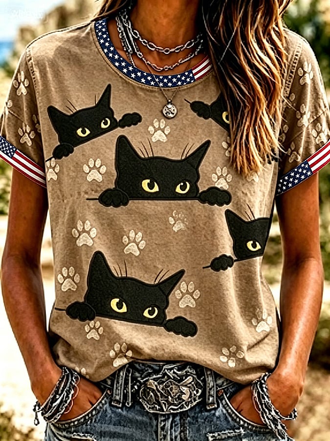 Women'S Casual Cat-Print Top