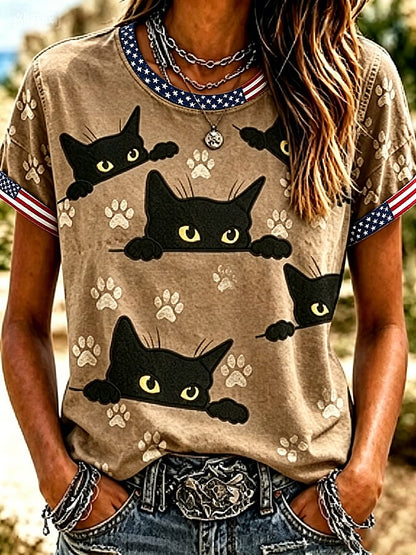 Women'S Casual Cat-Print Top