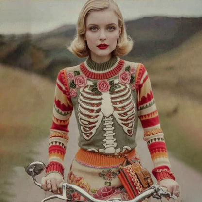 Vintage Halloween Skeleton Bones With Pink Rose Art Chunky Knitted Sweater
