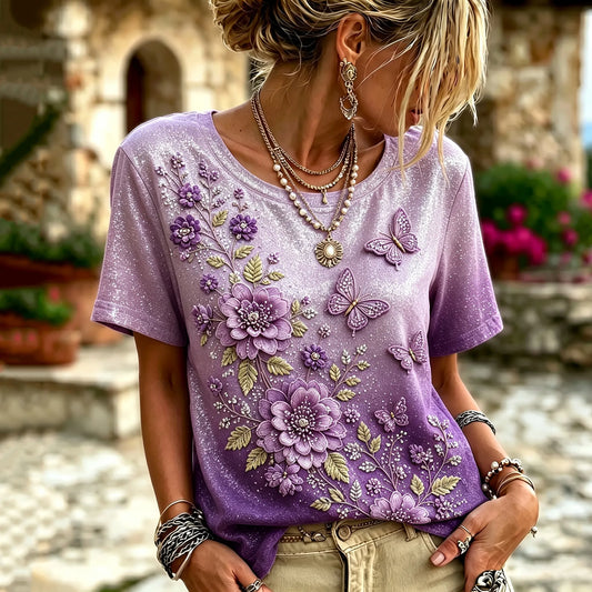 Women's Vintage Floral And Butterfly Embroidery Art Round Neck Short Sleeve T-shirt