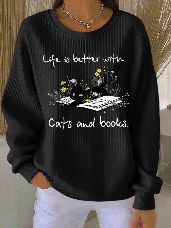 Women's "Life Is Better With Cats And Books." Printed Knit Crew Neck Long Sleeve Top