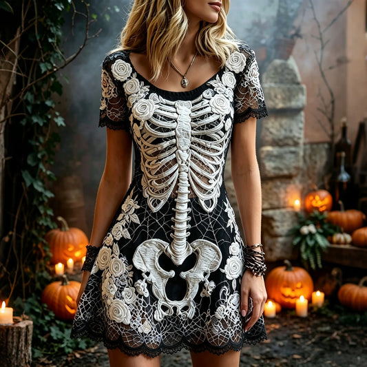 Women's Retro Halloween Skeleton Floral  Pattern Round Neck Short Sleeve Dress