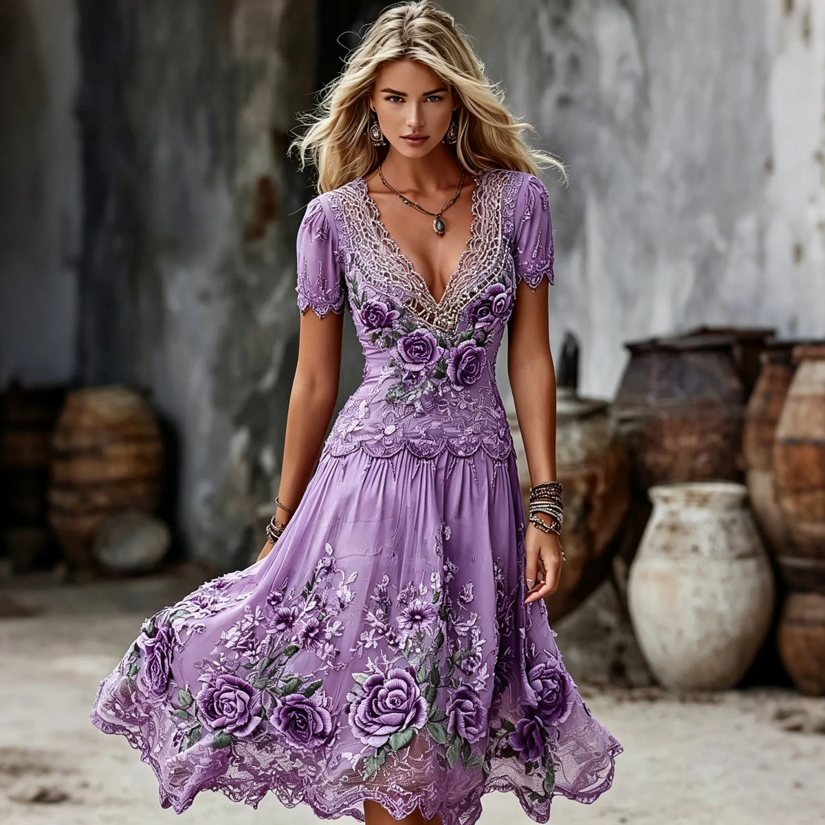 Women's Elegant Retro Purple Rose Embroidery Art V Neck Short Sleeve Midi Dress