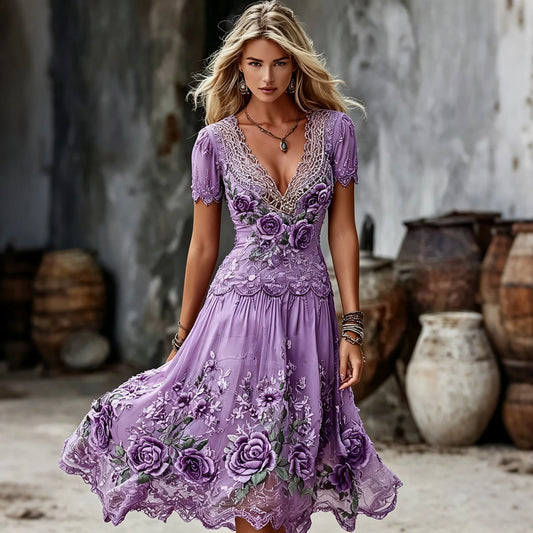 Women's Elegant Retro Purple Rose Embroidery Art V Neck Short Sleeve Midi Dress