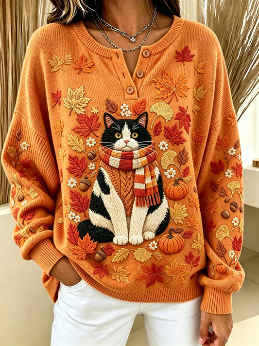 Women's Casual Print Button-Up Collar Knit Top