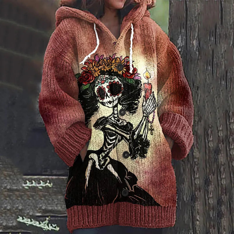 Vintage Mexican Catrina Day Of The Dead Inspired Print Women's Sweater