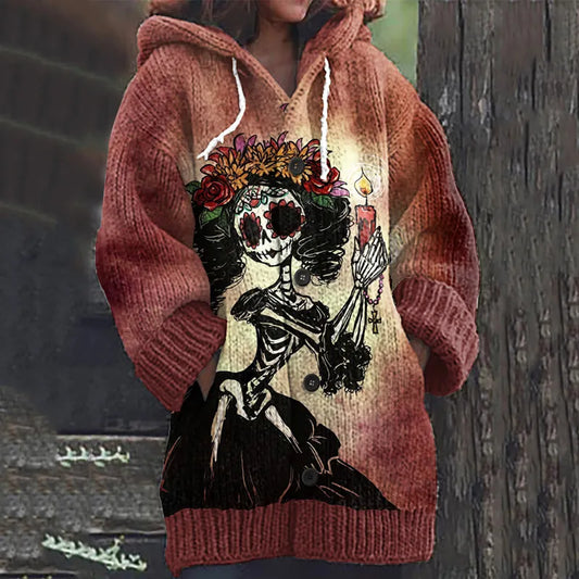Vintage Mexican Catrina Day Of The Dead Inspired Print Women's Sweater