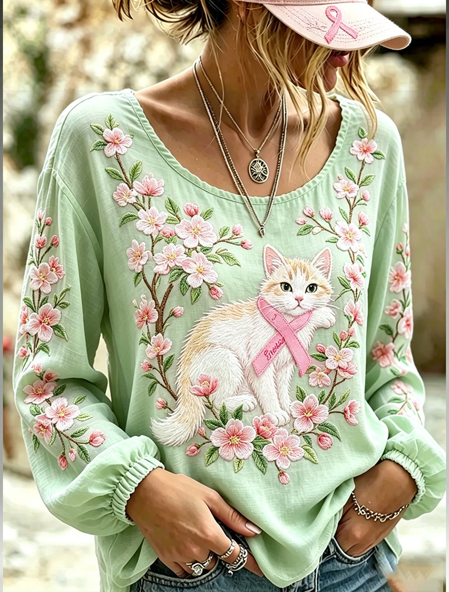 Women's Retro Breast Cancer Floral Print Long-Sleeved Top