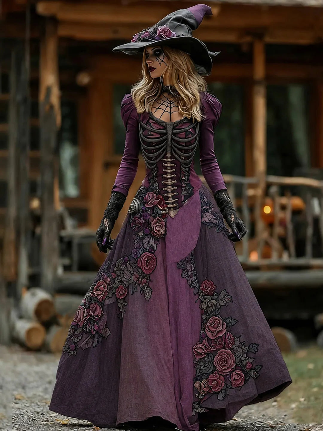 Vintage Witch Skull Rib Cage Rose Pattern Maxi Dress