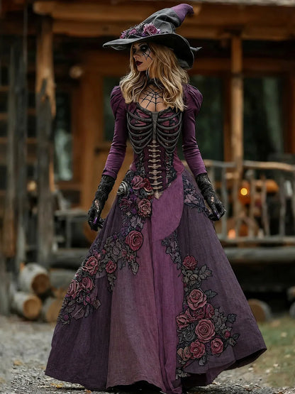 Vintage Witch Skull Rib Cage Rose Pattern Maxi Dress