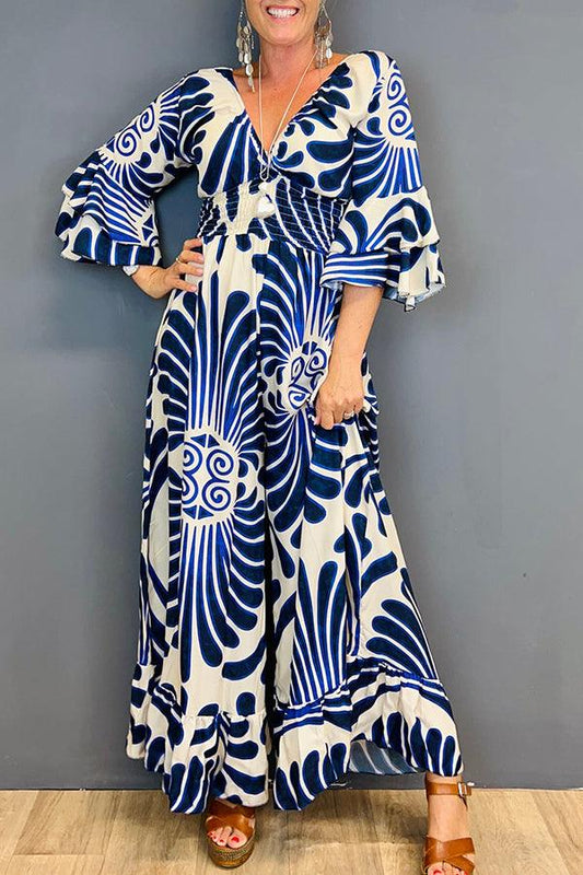 Hot Sale🔥 Printed Elastic Waist Casual Wide Leg Jumpsuit