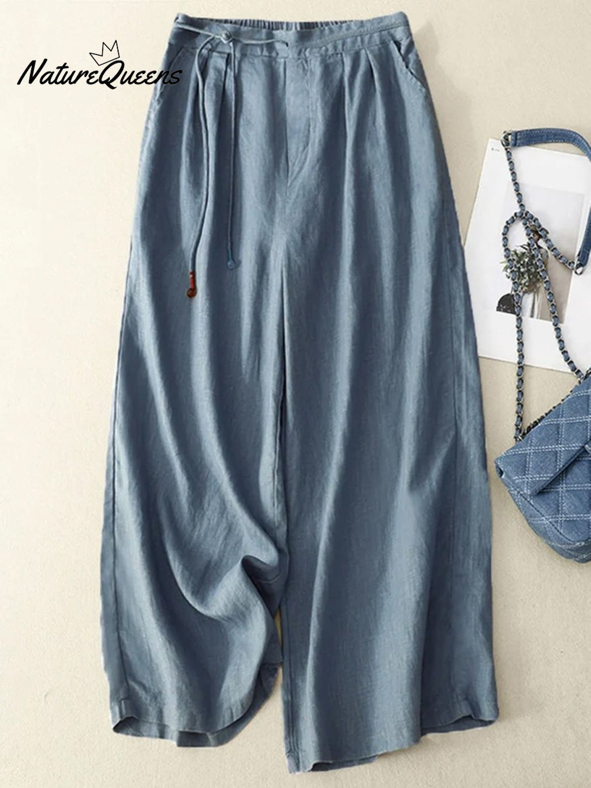 Women's Literary Solid Color Cotton and Linen Wide-leg Pants Cropped Pants