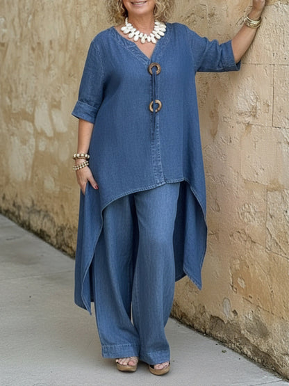 Casual Denim Button Details Top And Wide-leg Pants Two-piece Set