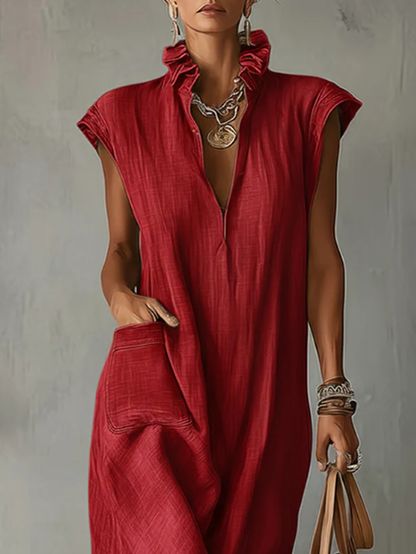 Women’s Ruffle Collar Cotton Linen Midi Dress – Elegant Summer Dress