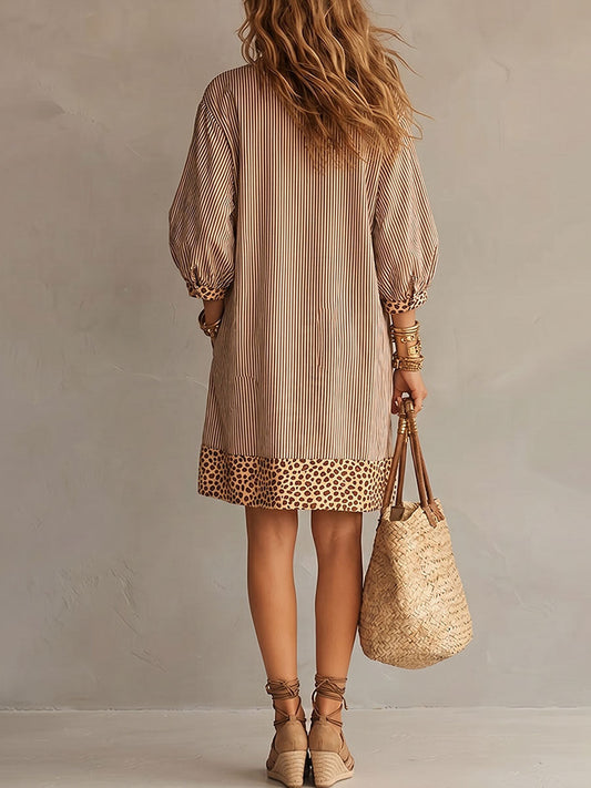 Women's Retro Striped & Leopard Print Casual Cotton Dress
