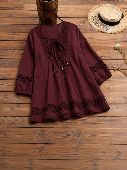 Lace-paneled Cotton-linen Top With Tie Detail — Loose-fit, Three-quarter Sleeve, Cotton-feel Fabric