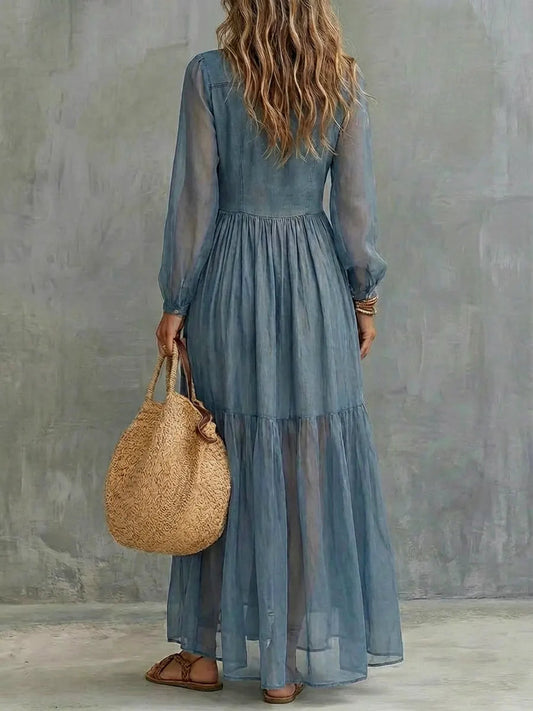 Women's Retro Lapel Denim Organza Patchwork Art Casual Maxi Dress