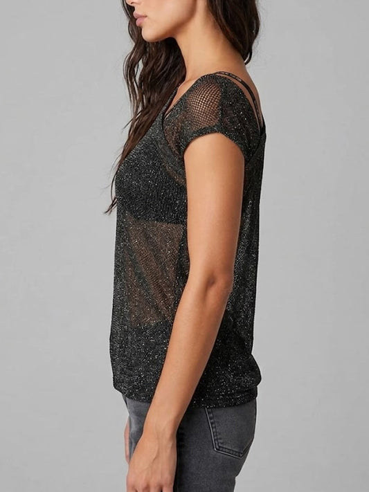 Women's Black Off-shoulder Mesh Shiny Knitted Top