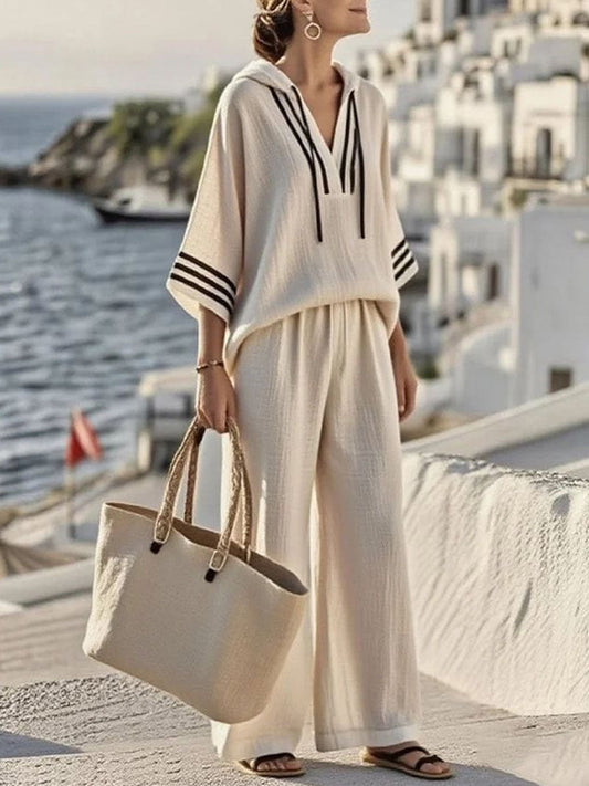 Women's Casual Loose Hooded Top V-neck 3/4 Sleeves & High-waisted Loose Cotton-linen Wide-leg Pants Set