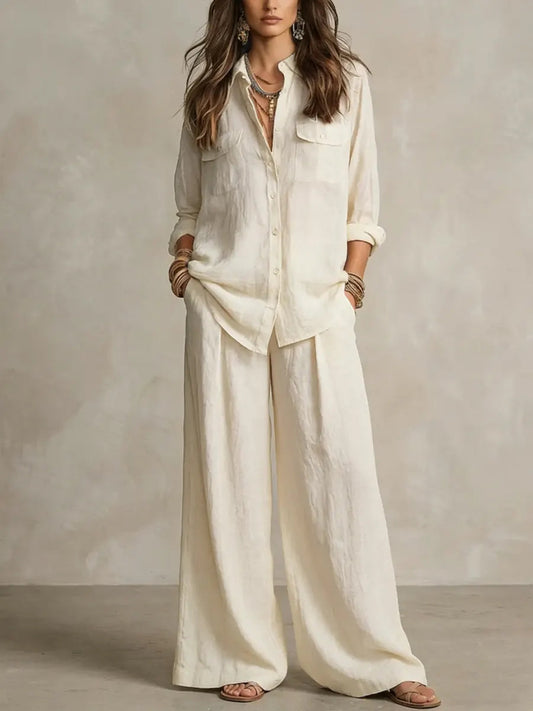 Women's Casual Cotton And Linen Wide-leg Pants Set