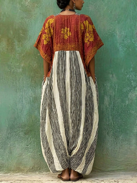 Women's Retro Floral Striped Pattern Art Print Casual Cotton Linen Dress