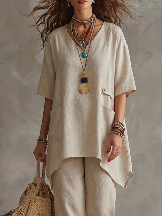 Casual Linen And Cotton Two-piece Top And Pants Set
