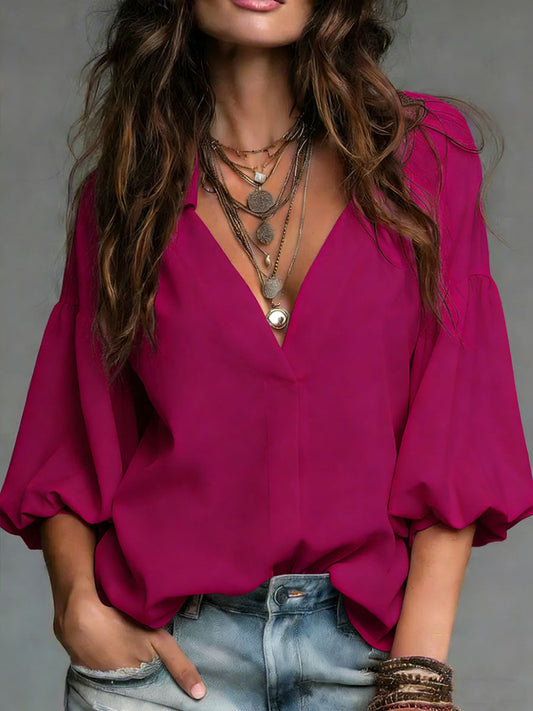 Women's Cozy Minimalist Solid-color V-neck 100% Cotton Shirt