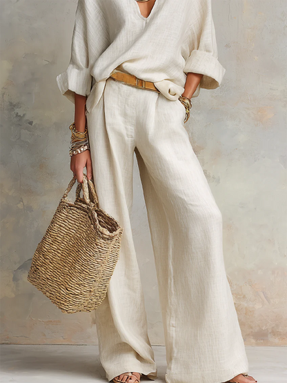 Cozy Minimalist V-neck Cotton-linen Two-piece Set
