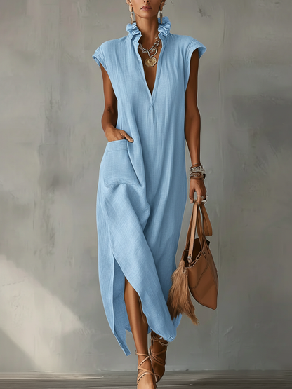 Women’s Ruffle Collar Cotton Linen Midi Dress – Elegant Summer Dress