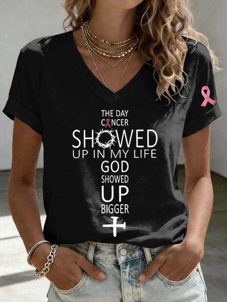 Women's The Day Cancer Showed Up In My Life God Showed Up Bigger Short-sleeved T-shirt