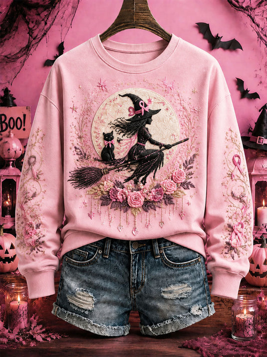 Women's Breast Cancer Awareness Halloween Witch-Themed Casual Regular Sweatshirt