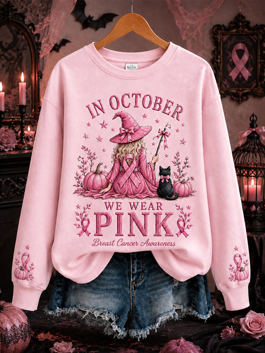 Women's In October We Wear Pink Halloween Pink Witch Print Breast Cancer Awareness Support Sweatshirt