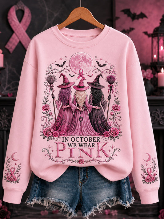 Women's In October We Wear Pink Halloween Pink Witches Print Breast Cancer Awareness Support Sweatshirt