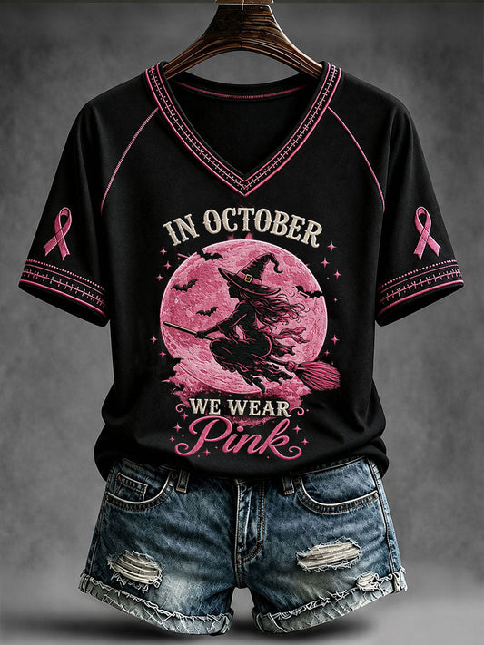 Women's In October We Wear Pink Witch V-neck T-shirt