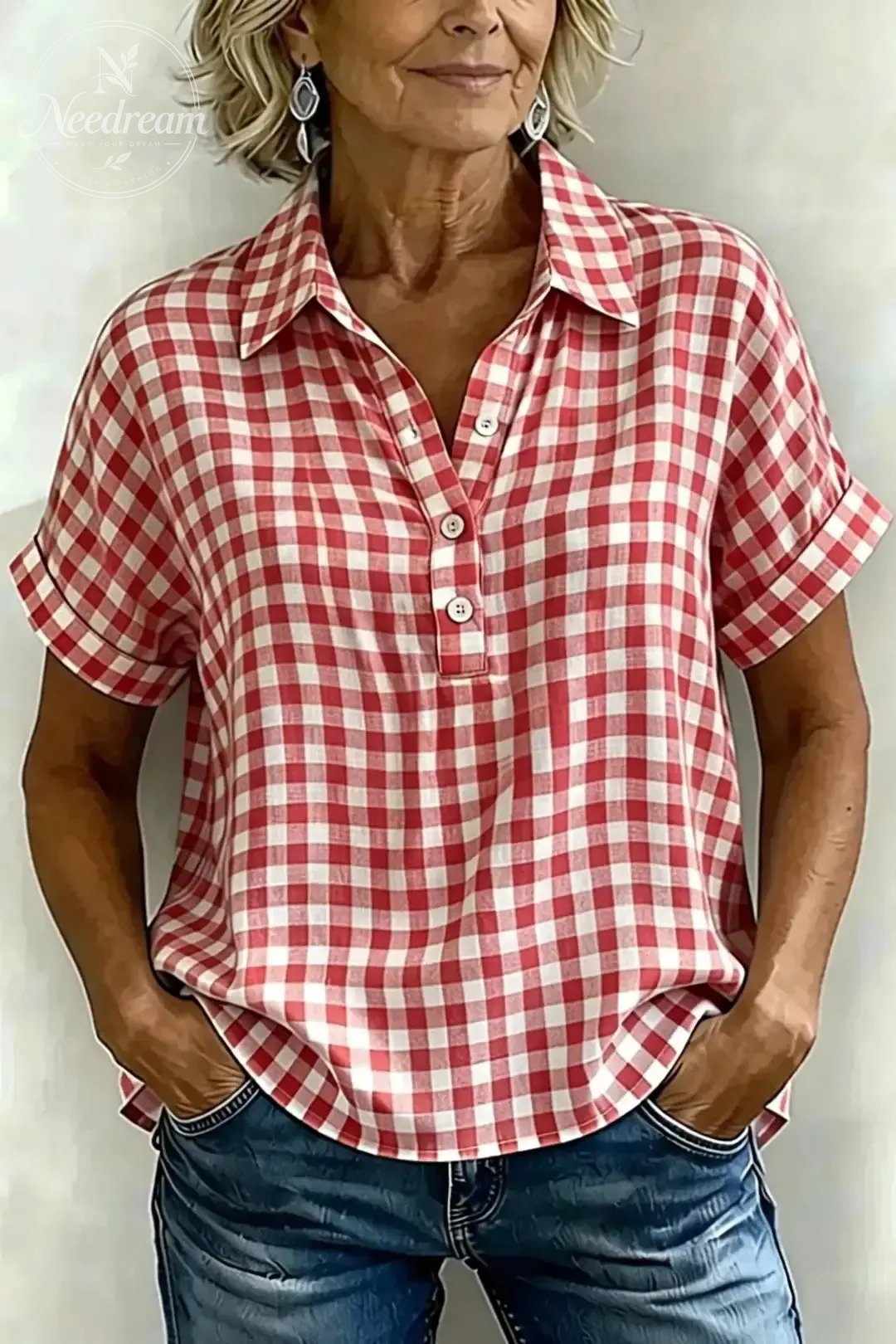 Women's Classic Plaid Cotton-Linen V-Neck Button-Front Shirt