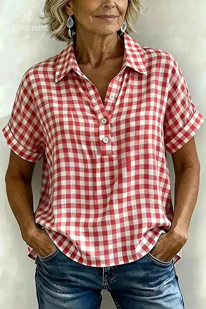 Women's Classic Plaid Cotton-Linen V-Neck Button-Front Shirt