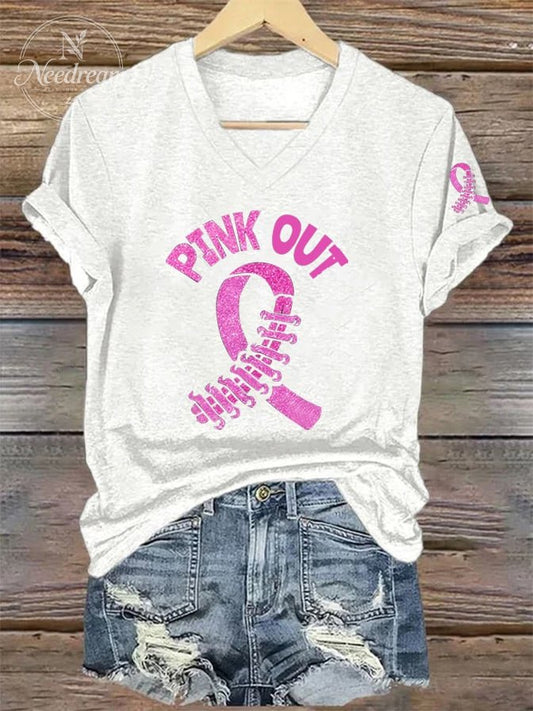 Women's Breast Ribbon Pink Out Printed Short-Sleeved T-Shirt